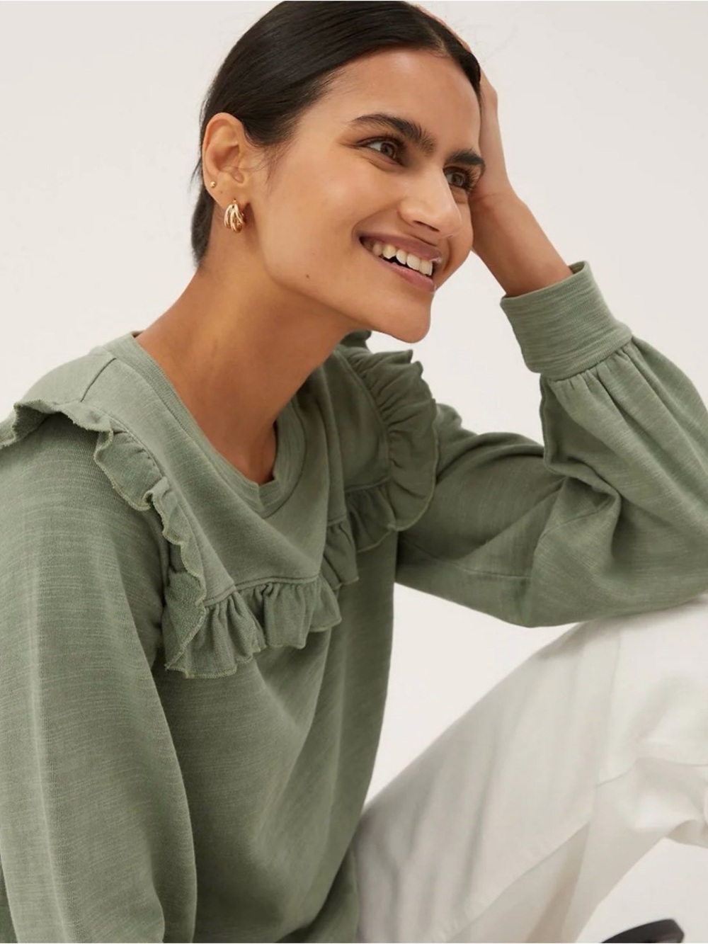 Free People Sage Green Ruffle Crewneck